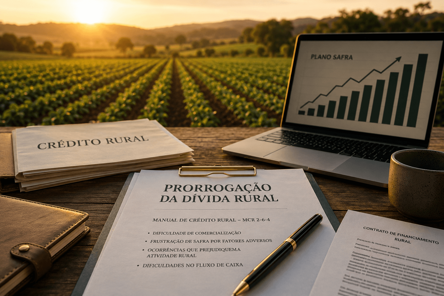 Documentos de crédito rural sobre mesa com lavoura ao fundo, representando prorrogação de dívida rural e direito do produtor.